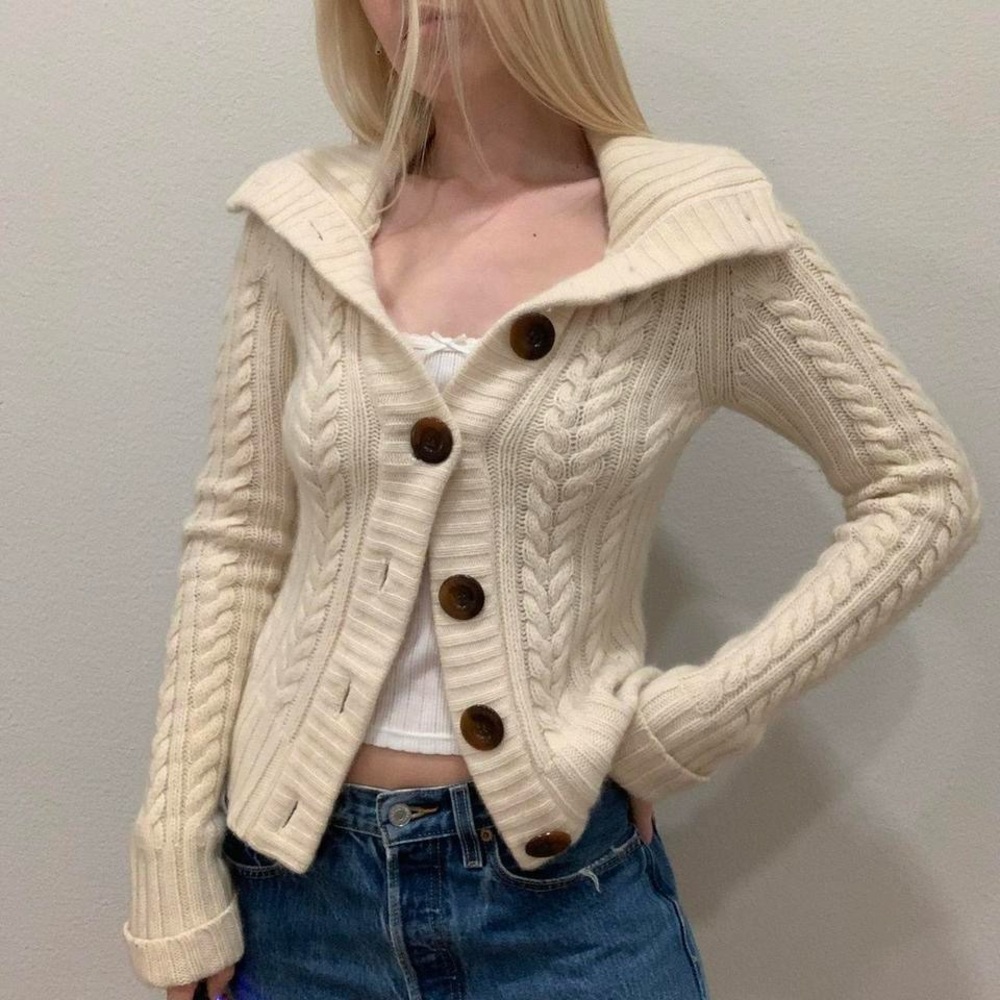 Abercrombie & Fitch Cream Cable Knit Button-Up Cardigan